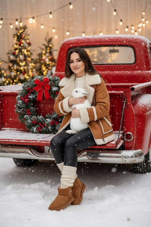 Портрет молодой женщины, сидящей на кузове винтажного красного грузовика. Девушка держит на руках животное. На ней коричневая дубленка с белой окантовкой из овчины по воротнику, манжетам и карманам, под дубленкой белый свитер с горловиной, черные лосины тканевые без блеска, на ногах укороченные, высотой до щиколоток коричнево-бежевые угги на платформе и кремовые гетры до середины икр, выглядывающие из уггов. 
Девушка смотрит в камеру, на ее лице легкая улыбка. 

На грузовике — праздничный рождественский венок. На земле лежит снег.

Мягкий снег падает. Атмосфера — реалистичная, теплая и немного кинематографичная. Сияющие рождественские огоньки и украшения создают яркую теплую атмосферу. Разрешение 8K, акцент на текстуру одежды, снег и сверкающие огоньки на заднем фоне. —ar 3:4 —v.

Не меняй черты лица.  Держит на руках белого кролика