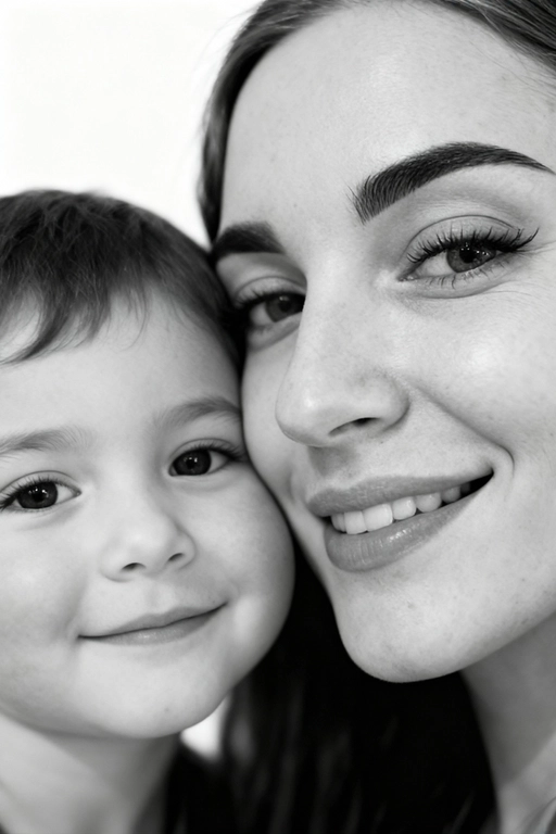 Сверхреалистичная черно-белая художественная фотография 8K женщины и ребенка, снятая очень крупным планом, щека к щеке так что видны только правая половина лица женщины и левая половина лица ребенка. которые смотрят в камеру. Их лица расположены рядом, почти соприкасаясь, образуя идеально сбалансированную симметричную композицию. Каждая деталь передана с фотографической точностью: тонкая текстура кожи и плавные градиенты света и тени. Видимая половина женщины включает ее бровь, один глаз , часть ее носа, щеку и губы, слегка приоткрытые в нежной, естественной улыбке, Видимая половина ребенка включает один глаз , круглую мягкую щеку, часть носа и небольшую улыбку, Фон белый и слегка размытый, что подчеркивает эмоциональную близость между ними. Освещение мягкое и рассеянное, создает деликатный контраст и тональную глубину. На снимке запечатлены нежность, близость и связь между матерью и ребенком, запечатленные с потрясающей реалистичностью. Не меняй черты лиц. 