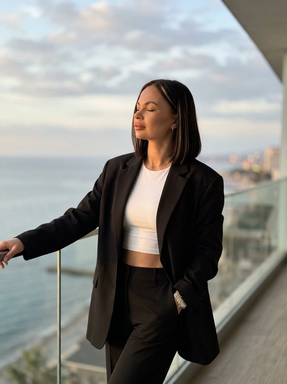 ultra realistic luxury sunset portrait of a woman standing on a balcony with ocean view,  candid instagram aesthetic, taken on iPhone 16 Pro Max. woman standing relaxed near glass railing, body slightly turned sideways, one arm resting on railing, eyes closed enjoying warm sunlight, elegant feminine posture.
outfit: oversized black blazer, fitted white crop top, elegant black trousers, luxury minimal jewelry and watch, classy old money aesthetic.
makeup: soft glam makeup with glowing bronzed skin, natural contour, sharp brows, long lashes, realistic skin texture and warm sunlight highlights.
lighting: warm golden hour sunlight, cinematic sunset glow, realistic natural shadows, soft highlights on hair and skin, luxury evening atmosphere.
background: ocean view, soft cloudy sunset sky, blurred city coastline and road below, cinematic depth, warm dreamy aesthetic.
camera: realistic iphone portrait shot, 50mm lens look, shallow depth of field, focus on woman with softly blurred background.
important: ultra realistic iphone photography, candid luxury influencer vibe, cinematic rich girl aesthetic, natural body proportions, realistic skin texture, film look, no overprocessed ai skin.

Какая будет прическа? : Не менять мою прическу