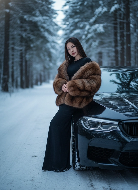 Создай фото, не меняя черты лица. Реалистичный снимок, высокая детализация лица, кадр на заснеженной лесной дороге при холодном мягком зимнем освещении, подчёркивающем контраст суровой природы и гламура.  
Портретная съёмка. Человек стоит у машины, смотрит в камеру. Если на фото женщина, то она одета в чёрный облегающий комбинезон с длинными рукавами и высоким горлом, длинная, объёмная, натуральная меховая шуба коричневого цвета с фактурой, руки перед собой. Если на фото мужчина, то он одет в темную куртку и темные джинсы. Снег покрывает землю, придавая атмосфере таинственность и силу. Цвета — приглушённые тёмные и естественные с акцентом на чёрное и коричневое, как кадр из кинематографичного модного фотопроекта, фотореалистичное, высокая текстурная детализация, 4К. Сзади автомобиль BMW M5 f90
Девушка в чёрном шёлковое облегающее платье и прямыми волосами ниже лопаток, стоит облокатиашись на машину 
