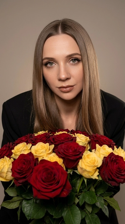 Ультрареалистичный fashion-портрет в эстетике luxury editorial. Крупный план по пояс. Женщина слегка наклоняется над огромным роскошным букетом, который полностью заполняет передний план кадра. Она смотрит прямо в камеру с мягким, уверенным взглядом.
На женщине чёрный оверсайз-пиджак премиального кроя с чёткой линией плеч. 
Макияж luxury soft glam: длинные густые ресницы с лисьим эффектом, чёрные графичные стрелки, ламинированные брови, лёгкий контуринг, персиковые румяна, золотистый хайлайтер, губы с чётким нюдово-коричневым контуром и глянцевым блеском.
Фон минималистичный, нейтральный, тёплых бежево-серых оттенков, без лишних деталей. Освещение — мягкий студийный свет в сочетании с прямой вспышкой камеры, создающий выразительный контраст, естественные блики на коже, лепестках роз и ткани пиджака. Глубокие, но мягкие тени подчёркивают объём и атмосферу дорогой журнальной съёмки.
Максимальная детализация: текстура кожи с видимыми порами, отдельные пряди волос, бархатистые лепестки, фактура ткани пиджака. Живой RAW-эффект, лёгкое плёночное зерно, без ретуши, без пластиковой кожи, без AI-эффекта.
Ultra realistic RAW photo, high fashion editorial, luxury portrait, oversized bouquet of deep red roses, black oversized blazer, direct flash photography, cinematic contrast, authentic skin texture, visible pores, realistic hair strands, premium magazine aesthetic, 8K, sharp focus, no beauty filter, no plastic skin, no AI artifacts.

Какие будут цветы?: Красно желтые розы

Какая будет прическа?: Волосы прямые, идеально гладкие и блестящие, уложены с ровным центральным пробором. Они свободно ниспадают на плечи, а несколько передних прядей мягко ложатся поверх букета.