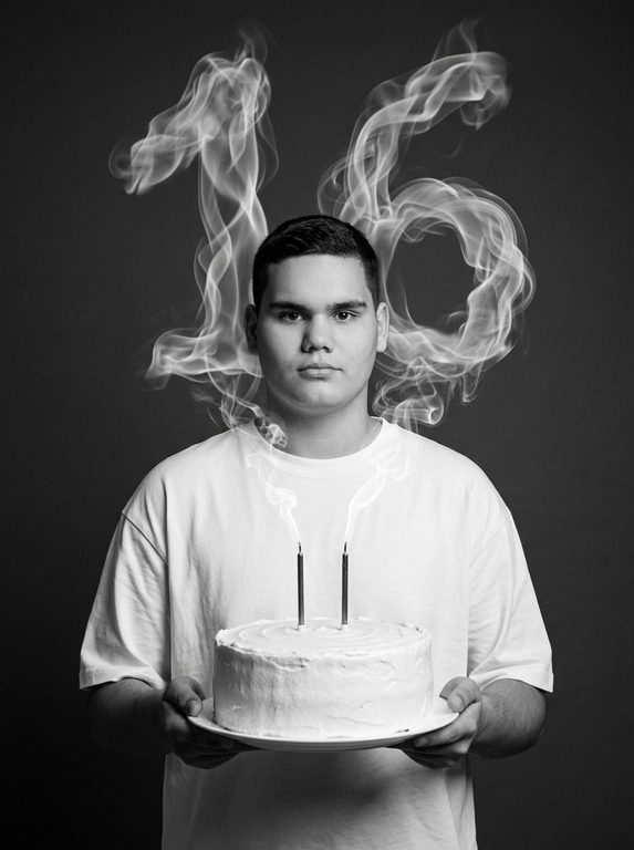 Create a highly photorealistic birthday studio portrait. Use ONLY the uploaded photo as the identity reference and generate the entire scene from scratch.

IDENTITY LOCK: preserve the uploaded person’s exact identity, facial structure, proportions, eyes, eyebrows, nose, lips, jawline, skin tone, skin texture, natural asymmetry, hair color and natural appearance. Preserve the person’s gender exactly as shown. Do not feminize, masculinize, beautify, age, de-age or alter their identity.

POLISHED APPEARANCE: the person must look exceptionally well-groomed, clean, polished and professionally styled, while remaining recognizable as themselves. Hair must look freshly washed, healthy, neat and professionally styled. Preserve the original hair color, length and texture from the uploaded photo, but create a tasteful, natural hairstyle suitable for a professional editorial birthday portrait. For women, create a polished feminine blowout or elegant natural styling when compatible with the original hair. For men, create neat, professionally groomed hair while preserving the original hairstyle. Skin should look clean and healthy with subtle natural grooming, never heavy makeup or artificial retouching.

COMPOSITION LOCK — identical for male or female:
The person stands centered, facing directly toward the camera, framed from approximately the waist up. They wear an oversized plain white T-shirt. Both hands hold a large round white frosted birthday cake on a simple white plate at lower center frame. The cake is directly in front of the torso, never positioned to the side. Two thin dark candles stand vertically on the cake.

Behind the person is a smooth dark charcoal-gray studio background. Realistic white candle smoke rises upward and forms the exact number. The number appears ONLY ONCE, large and clearly readable behind the upper body/head area, naturally connected to the candle smoke. It must look like real physical smoke, not typography.

The person looks directly into the camera with a calm, confident, natural expression and closed mouth.

Black-and-white luxury editorial photography, soft cinematic studio lighting, subtle shadows, realistic contrast and fine film grain. Ultra-photorealistic skin, hair, fabric, cake, hands and physically accurate smoke.

No plastic skin, messy or unstyled hair, greasy hair, excessive makeup, beauty filter, excessive retouching, CGI look, HDR, artificial sharpness, extra people, text, logos or watermark

Цифры из дыма: 16

Доп. характеристики: Красивую прическу,чтобы выглядел, как спортсмен,рост 185см, чтобы лицо было похоже само на себя