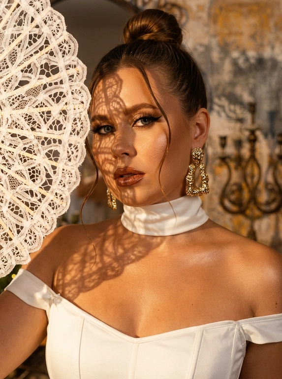Ultra realistic beauty editorial portrait. Крупный портрет модели: лицо, шея и плечи, лёгкий наклон камеры. Белый кружевной веер частично закрывает лицо, создавая чёткие lace shadows на щеке, глазе, шее и ключице.
Белый структурный корсет с открытыми плечами и плотный satin neck wrap, плотно облегающий шею.  Макияж: sharp eyeliner, длинные ресницы, glossy brown lips, сияющая бронзовая кожа с натуральной текстурой.
Тёплый направленный свет, глубокие тени, золотистый glow, крупные золотые серьги, cinematic contrast, subtle film grain, Vogue aesthetic, RAW realism, ultra detailed 8K, no plastic skin.

Какая будет прическа?: Волосы — sleek high bun с тонкой прядью у лица.
