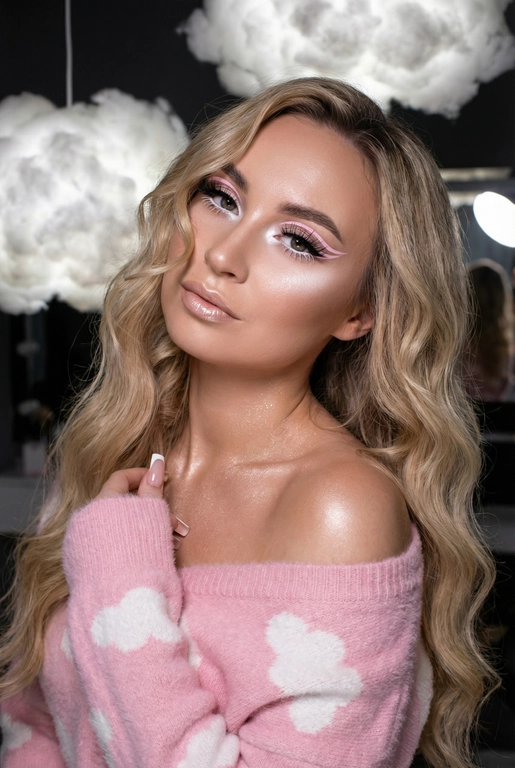 Крупный план лица девушки в стиле «высокой моды». Элегантный макияж глаза с длинными острыми нежно розовые двойные изогнутые стрелки, длинные густые ресницы эффект лучики, нижние густо ресницы накрашены белым и белый каял карандаш на нижнем веке белый Хайлайтер во внутренних уголках и скулах. Губы слегка приоткрыты в легкой ухмылке в легком блеске. Голова наклонена в сторону. На ней пушистый дорогой кашемировый нежно розовый свитер с белыми облаками плечи открыты.
За ней свисают объемные пушистые облака из ваты подсвеченные белым изнутри. Тело и декольте подсвечены хайлайтером и шиммером. Высокая детализация текстур кожи, одежды и волос. Черты лица-полностью сохранены как на референсном фото.
Ногти френч квадрат длинные.
На фоне светлая большая бьюти студия, вокруг темно, ее лицо освещено яркой лампой.  Волосы очень длинные блестящие прическа пляжные локоны. Локон волос падает на лицо 
