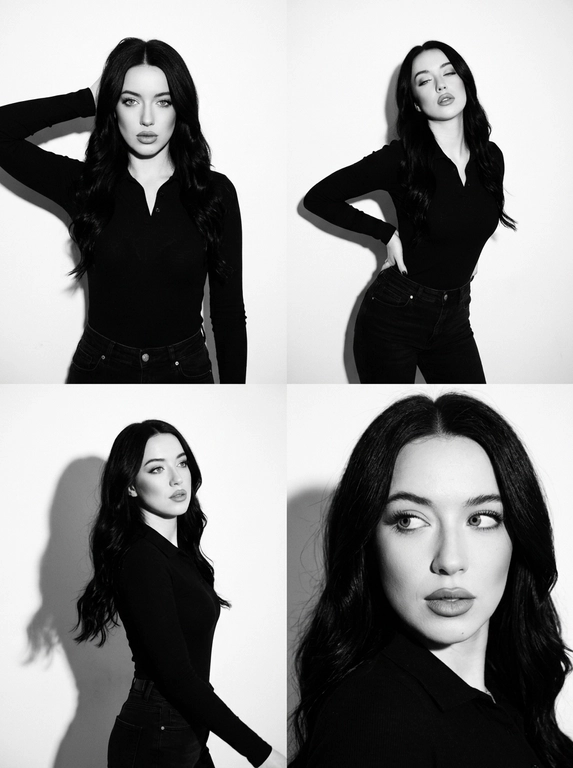Коллаж ч/б, коллаж 2×2 из 4 ультрареалистичных фото. Стиль: ч/б, high contrast, эстетика плёнки 90-х (Pentax K1000 + Kodak Tri-X 400), заметное film grain. Свет: жёсткий студийный flash, чёткая тень на белой стене. Локация: минималистичная студия, белый фон. Модель: та же женщина (внешность не менять). Одежда: чёрный облегающий лонгслив-поло + чёрные джинсы. Макияж: matte sculpted — контуринг, пухлые губы с карандашом, густые ресницы, высокая детализация лица. Кадры: 1. верх-лево — портрет по грудь, рука за головой, прямой уверенный взгляд (Vogue 1995 vibe). 2. верх-право — план по бёдра, руки на талии, изогнутый корпус, голова назад или вбок, half-closed eyes. 3. низ-лево — полупрофиль в движении, разворот головы и корпуса, dreamy взгляд в сторону, тень профиля. 4. низ-право — close-up, голова к плечу, игривый взгляд исподлобья, фокус на глазах и губах. Не менять лицо и цвет волос. Фото сделано на iPhone 17 Pro Max со вспышкой.


Какая будет прическа?: Не изменять мою прическу