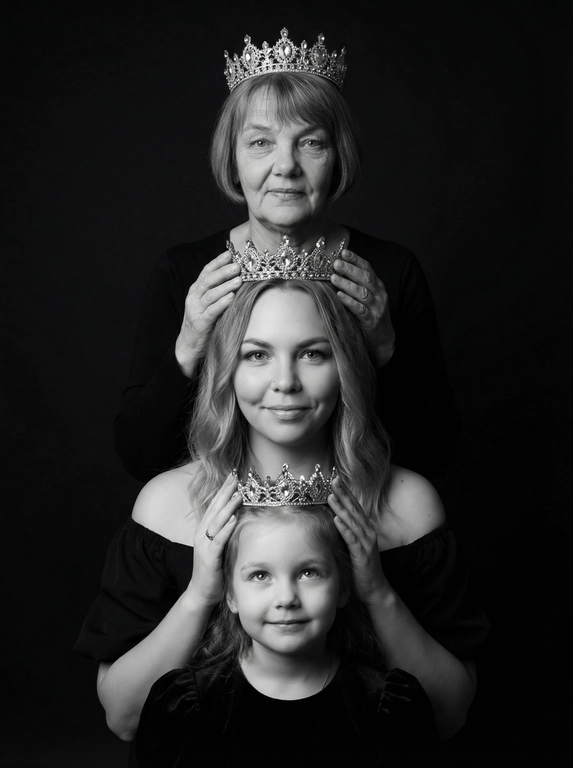 Это студийный портрет, выполненный в драматичном черно-белом стиле. Фон черный. В кадре три женщины разного возраста: две женщины и один ребёнок. Они расположены вертикально друг над другом, образуя «башню». Каждая женщина одета в темную одежду, у всех одежда разного стиля. Верхняя женщина в топе с длинными рукавами, у нее корона на голове . Следующая в платье с открытыми плечами. И ребёнок в платье с рукавами-фонариками.
У каждой на голове корона, которую предыдущая женщина держит руками. Все смотрят в камеру с нежным выражением лица, с лёгкой улыбкой Освещение мягкое, акцент сделан на лицах. Цветовая гамма монохромная, с преобладанием черного и серебристого (от корон). Атмосфера торжественная и немного загадочная. Не меняй черты лица, цвет волос и цвет глаз.

