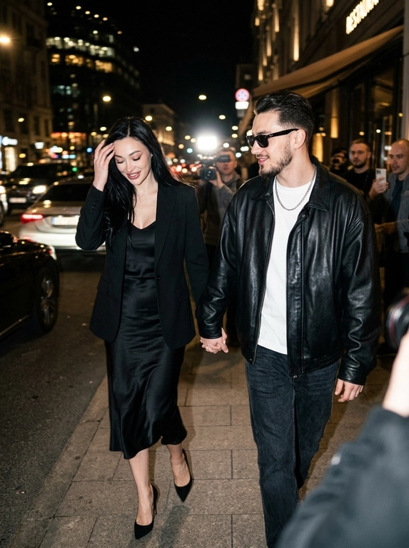 Ultra-realistic nighttime paparazzi-style photograph. A candid shot of a couple walking at night. The woman walks in front, brushing her hair back with one hand, while the man walks slightly behind her at a diagonal angle. They are holding hands. The camera is positioned slightly above eye level with a close zoom.
Preserve the celebrity magazine photography aesthetic exactly.
The faces MUST NOT change. The original facial features, eyes, nose, lips, hairline, and skin texture must remain completely identical. There should be no AI-generated look.

The man is wearing a loose oversized black leather jacket and Ray-Ban sunglasses. Charismatic, wealthy, and stylish look.
The scene is shot at night with a harsh paparazzi flash. In the background, there are blurred city lights and the atmosphere of a luxury venue. The photo should look as if a celebrity couple was secretly photographed by paparazzi, natural yet professionally captured.
Canon EOS R5, 85mm lens, ultra-realistic skin texture, cinematic lighting, natural motion, Vogue and celebrity magazine aesthetic.
IMPORTANT:
* The woman walks in front, the man walks behind.
* The woman appears to be brushing her hair back with one hand.
* The woman and man are holding hands.
* The shot should look as if a paparazzi flash has just fired.
* Do not alter, beautify, or transform the faces into different people.

Выберите одежду для девушки: : Красиво одеты за руку держимся красивые фото девушка и парень 

Доп. характеристики: Рост красивый оба красивые влюбленый взгляд девушка влюбленная и обнимает парня и парень красивый как на фото