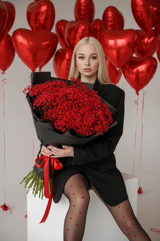 Создай крупный портрет, не меняя черты лица. Эстетичный снимок в стиле высокой моды (Vogue). В центре композиции - девушка, сидящая на белом кубе, она держит огромный пышный букет в черной матовой крафтовой бумаге с красной лентой. Девушка одета в оверсайз черный жакет (блейзер) и тонкие черные капроновые колготки с мелким принтом в виде красных сердечек.  Безупречный макияж. На заднем плане — минималистичный светлый интерьер, заполненный множеством парящих красных фольгированных шаров в форме сердец на тонких лентах. Освещение мягкое, студийное, создающее легкие блики на глянцевой поверхности шаров и подчеркивающее текстуру цветов.

Стиль и качество: Кинематографичный кадр, гиперреализм, высокая детализация тканей и лепестков.
Глубокий контраст между насыщенным красным цветом и строгим черным цветом одежды. Камера на уровне глаз, объектив 35mm, f/2.8. Огромный и пышный букет из ярко-красной гипсофилы