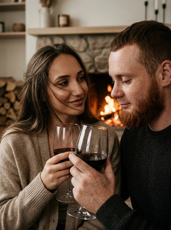 Don't change facial features. A dramatic close-up of a couple against a fireplace: the man on the right, in profile, with half-downcast eyes, looks at a glass in his hand with a slight smile; the woman on the left, holding a glass of wine, looks at her husband. The wind tousles the woman's hair, strands partially covering her face, adding dynamism. Stylish autumn clothes without accents. The woman with a slight smile. The atmosphere is intimate, cinematic, and emotional. Highly detailed skin, natural texture, soft shadows, and muted highlights. Film effect with pronounced grain, matte shadows, Kodak Portra 400 processing. Shot on 85mm in a trendy editorial style.