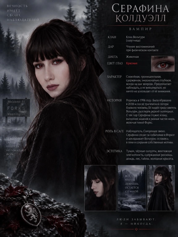 Создай cinematic character poster в стиле официальных фильмов Twilight Saga: мрачная атмосфера, лес Форкса, туман, холодная цветокоррекция, драматичный свет.

Используя моё фото, создай образ персонажа и оформи результат как character dossier с инфографикой в стиле Twilight Saga. Всё на русском языке.

ВАЖНО

Каждая новая генерация должна создавать полностью нового уникального персонажа и новый визуальный образ.

При каждой новой генерации самостоятельно придумывай заново:

тип существа;
имя и фамилию;
характер;
историю;
способности;
клан или стаю;
роль в саге;
эстетику;
одежду;
причёску и укладку;
выражение лица;
позу;
композицию постера;
фон и окружение;
свет;
визуальные детали и аксессуары.

Не повторяй один и тот же визуальный образ между генерациями. Каждый следующий результат должен заметно отличаться от предыдущего одеждой, стилизацией, позой, атмосферой и оформлением постера.

При этом сохраняй исходную внешность человека с загруженного фото: лицо, черты лица, форму лица, нос, губы, брови, пропорции и узнаваемость. Не превращай человека в другого. Меняться должен образ персонажа, а не его личность и базовая внешность.

Нельзя повторять имя, фамилию, подписи, описание личности, историю, способности, клан/стаю, роль в саге, эстетику персонажа и другие текстовые элементы из предыдущих генераций.

Если создаётся несколько постеров одновременно, каждый должен выглядеть как совершенно отдельный персонаж, а не как вариация одного и того же.

Имя и фамилия должны быть оригинальными, не совпадать с именами канонических героев Twilight Saga и не повторяться между персонажами.

На постере текстом и визуально обязательно должны быть:
Тип существа
Имя и фамилия персонажа
Описание личности
История
Способности, если есть
Цвет глаз, если он изменён, и это изменение должно быть видно во внешности
Клан / стая
Роль в саге
Эстетика персонажа
Логика по типу персонажа

1. Вампир

Спокойствие, наблюдательность, эмоциональная глубина, интеллект, внутренняя дистанция и эстетичность.

Если выбран вампир, обязательно укажи:

клан;
дар;
историю обращения;
диету;
цвет глаз по канону: золотые при животной диете, красные при человеческой.

Внешний образ вампира каждый раз должен быть новым: меняй одежду, стилизацию, настроение, позу, окружение и характер освещения.

2. Оборотень

Эмоциональность, энергия, импульсивность, защитный характер, преданность и лидерство.

Если выбран оборотень, обязательно укажи:

стаю;
роль в стае;
историю первого обращения.

У оборотней нет дара.

Для каждого нового оборотня создавай отдельный визуальный образ, соответствующий его характеру и роли в стае.

3. Человек

Реалистичность, человечность, адаптивность, искренность и влияние на сюжет без сверхсил.

Если выбран человек, обязательно укажи:

историю персонажа.

Образ человека также должен быть уникальным в каждой генерации: новая одежда, настроение, окружение, поза и эстетика.

Дополнительные требования
Сохраняй мою внешность как точную основу персонажа.
Не используй один и тот же костюм или одну и ту же композицию повторно.
Не делай все постеры с одинаковой причёской, позой и выражением лица.
Внешний образ должен соответствовать придуманным характеру, истории, клану или стае.
Текст должен выглядеть как часть официального character dossier.
Подписи должны быть логичными, читабельными и уникальными.
Не копируй формулировки между генерациями.
Каждый результат должен ощущаться как совершенно новый персонаж и новый фотосет внутри вселенной Twilight Saga.