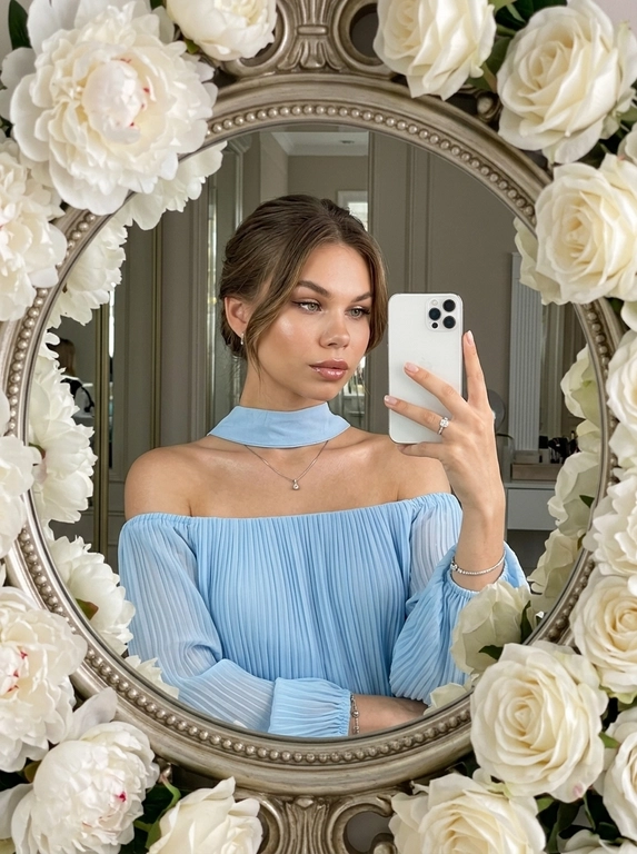 Максимально реалистичное селфи в зеркале в эстетике luxury soft glam. Модель стоит перед круглым зеркалом с изящной рамой, украшенной белыми живыми пионами. Цветы обрамляют зеркало нежно и дорого, создавая ощущение утончённого, премиального кадра. Композиция чистая и визуально собранная: модель находится в центре отражения, кадр выглядит эстетично, дорого и современно.

Поза естественная и уверенная: одной рукой модель держит современный смартфон, второй рукой слегка касается волос, создавая живой и непринуждённый жест. Селфи выглядит не постановочным, а как красивый спонтанный кадр из дорогой life-style съёмки.

Макияж — выразительный soft glam: чёткие чёрные стрелки, длинные пышные ресницы с лисьим эффектом, внутренние уголки глаз подсвечены сияющими тенями. Кожа ровная, ухоженная, с мягким влажным сиянием. Губы подчёркнуты карандашом и покрыты полупрозрачным глянцевым блеском, создающим аккуратный объём.

На модели ее образ выглядит женственно, современно и дорого. 

Смартфон современный, в минималистичном белом матовом чехле. Если нужен более дорогой вайб, без лишнего декора и ярких деталей.

Освещение холодное, мягкое и чистое, как в дорогой beauty-съёмке или premium dressing room. Свет красиво подчеркивает сияние кожи, текстуру ткани, свежесть пионов и блеск украшения. Атмосфера — роскошная, женственная, ухоженная, без дешёвого глянца.

Фотореализм максимальный: высокая детализация кожи, ткани, цветов, аксессуаров и отражения в зеркале. Лёгкий цифровой шум, мягкая резкость, деликатная зернистость, естественная глубина кадра, высокая контрастность, эффект живого фото, без CGI и без искусственного AI-эффекта.

Какая будет прическ?: полусобранная укладка, верхняя часть волос аккуратно убрана назад, мягкие пряди обрамляют лицо.

Какой будет образ на фото? : Светло-голубая блузка без рукавов с открытыми плечами!  с высоким воротником, воротник-стойка, плиссированная шифоновая ткань, собранная у выреза, элегантный драпированный силуэт, нежный пастельно-голубой цвет, шелковистая текстура, высокое качество, минималистичный стиль.