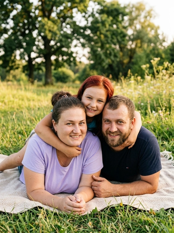 На фотографии изображена семейная сцена на свежем воздухе, вероятно в парке или на лужайке с деревьями на заднем плане. Обстановка спокойная и естественная, свет мягкий и теплый, создающий приятную и уютную атмосферу. Цветовая гамма изображения включает теплые и нейтральные оттенки, преимущественно натуральные тона природы и мягкое освещение. На снимке запечатлена группа людей: мужчина, женщина и ребенок. Они расположены лежа на траве: мужчина лежит на боку, поддерживая руку под голову, в расслабленной позе, улыбается и смотрит прямо в камеру. Женщина лежит рядом с ним, чуть прикрыта его телом, также улыбается и смотрит в объектив. Ребенок расположен сверху, обнимает женщину за шею, приподнимается над ними, её лицо выражает радость, тоже улыбается. Одежда светлая футболка с короткими рукавами. Мужчина одет в темную футболку, а женщина — в светлый топ. Все люди в расслабленных и естественных позах, создающих ощущение теплой семейной атмосферы. Весь образ фото выдержан в стиле фотосессии для семейных снимков: тепло, искренность, гармония и уют.