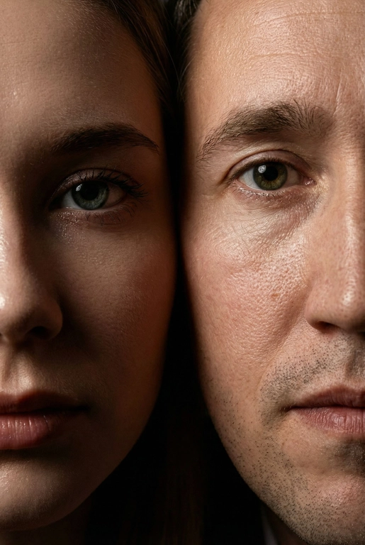   создай портрет, не меняя черты лица. Крупный план (extreme close-up) двух лиц людей, их лица прижатых друг к другу. Видны только половины каждого лица.
Драматичное освещение в стиле чиароскуро, глубокие тени.
Невероятная детализация кожи: видны поры, текстура, естественный блеск у женщины.
Выразительный взгляд прямо в камеру. Высокое разрешение, макросъемка, профессиональное студийное фото, 8K.
