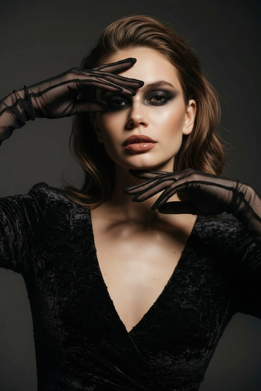 На моей фотографии крупным планом изображена гламурная женщина на темно-сером фоне, в прозрачных чёрных перчатках и чёрном платье. Она позирует, обрамляя лицо руками, отбрасывая на глаза эффектные тени. Яркий макияж глаз с аккуратной подводкой, гладкая и безупречная кожа, кинематографическое освещение, стиль высокой моды, атмосфера таинственности и соблазнительности. 