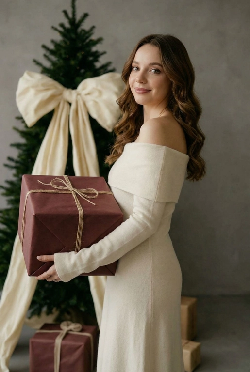 Кадр из фотосессии Ëлка и бант цвета шампань