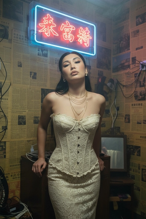 Используйте отправленную мной фотографию в качестве референса. Создайте фотореалистичный гонконгский ретро-портрет с аутентичным видом фильма 1990-х годов, как кадр из мрачного фильма. Строго сохраняйте индивидуальность (разрез глаз, губы, переносицу, линию подбородка, тон кожи). Вертикальный портрет, от середины бедра до головы (3/4 тела). Модель стоит, слегка наклонившись к камере, обе руки лежат на небольшом деревянном шкафу позади нее; плечи расслаблены. Подбородок слегка опущен, взгляд вверх, в камеру с меланхоличным, спокойным выражением. Сцена: тесная, захламленная гонконгская комната, стены от края до края оклеены пожелтевшими кантонскими газетами. Позади модели: туманная неоновая китайская вывеска (красный и голубой), светящаяся сквозь туман у потолка. Загроможденная мебель: компактный шкаф, разбросанные провода, виден край небольшого зеркала. Гардероб и стиль: платье в стиле корсета из кремового/слоновой кости кружева (со вкусом, неоткровенное), многослойные изящные золотые ожерелья, маленькие серьги-кольца или жемчужные серьги. Волосы взъерошены. Лицо должно быть точной копией моих настоящих черт лица, не меняйте лицо и сделайте фотографию высокого разрешения.
