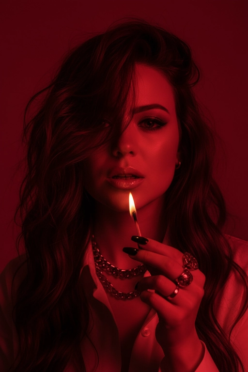 Используйте черты лица, как на прилагаемой фотографии.
смелый, кинематографичный портрет женщины, залитой темно-красным светом, которая подносит к губам зажженную спичку. Теплый отблеск пламени подчеркивает ее блестящие губы и создает эффектный отблеск на коже.
ее выражение ее лица напряженное и пленительное, обрамленное взъерошенными волосами, которые свободно ниспадают на лицо. На ней светлая рубашка и многослойные украшения, в том числе металлическая цепочка и крупные кольца. На ее длинных черных ногтях отражаются едва заметные блики света, усиливая мрачную, чувственную атмосферу. Красный фон и сдержанные тени придают глубину и визуальное напряжение, создавая эффектный образ в редакционном стиле.

Настройки камеры: iso 400, диафрагма f/2.0, выдержка затвора 1/160 сек, объектив 85 мм, ручная фокусировка, баланс белого 2800k, коррекция экспозиции -0,3 ev, подсветка одиночным пламенем с красной заливкой, минимальная зернистость, кинематографическое высококонтрастное освещение с плавными тональными переходами.
