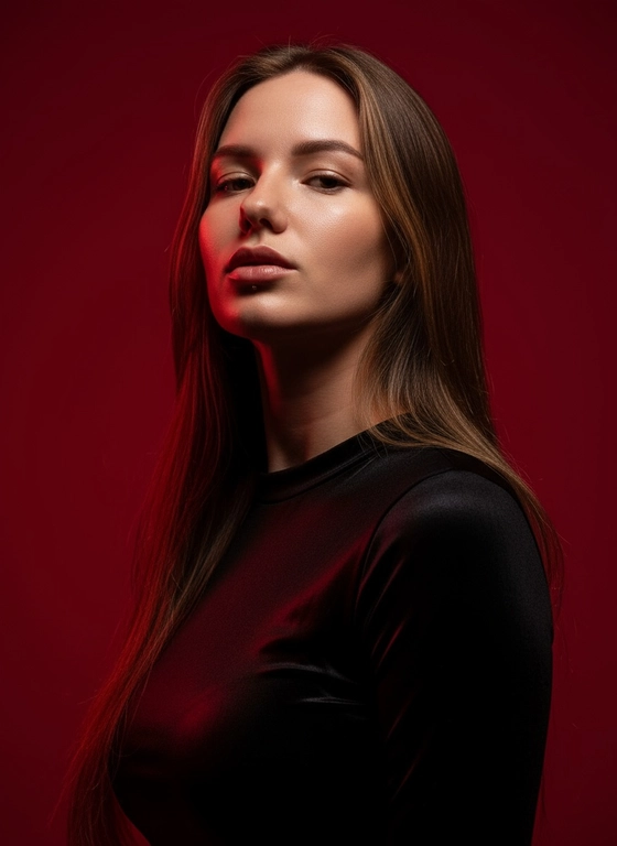 Создай портрет, используя те же черты лица (на основе загруженного фото), характеризующийся резким кинематографическим освещением и интенсивным контрастом. Снятый с немного нижнего ракурса, направленного вверх, что подчеркивает линию подбородка и шеи модели, этот портрет производит впечатление доминантности и скульптурной элегантности. Фон — глубокий, насыщенный малиново-красный, создающий яркий визуальный контраст со сияющей кожей модели и темной одеждой.