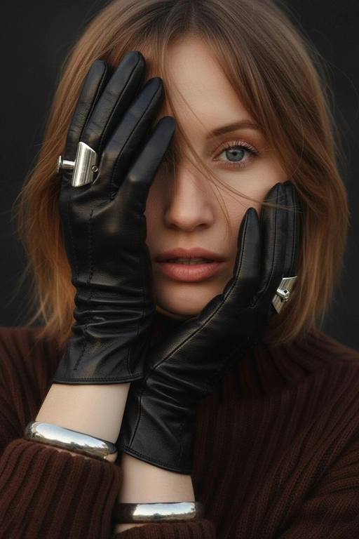 Модный портрет женщины, крупным планом,  в черных кожаных перчатках.  Руки частично заслоняют лицо. Перчатки создают интригующую композицию: одна рука закрывает часть лица, а другая лежит на противоположной стороне, тонко обрамляя нежные черты модели. Губы женщины видны, слегка приоткрыты, глаза открыты, голова слегка наклонена вперед. Несколько прядей волос свободно падают на ее лицо, добавляя ощущение движения. Текстура кожи очень детализирована, демонстрируя поры ее лица. Перчатки блестящие и плотно прилегающие, с тонкими, замысловатыми деталями. Серебрянные массивные кольца видны на пальцах, усиливая ощущение роскоши, а серебрянные браслеты обхватывают запястья. Мягкое, но драматичное освещение подчеркивает текстуру перчаток и кожи, создавая поразительный контраст на темном, мрачном фоне. Общая атмосфера интимная, элегантная и изысканная.