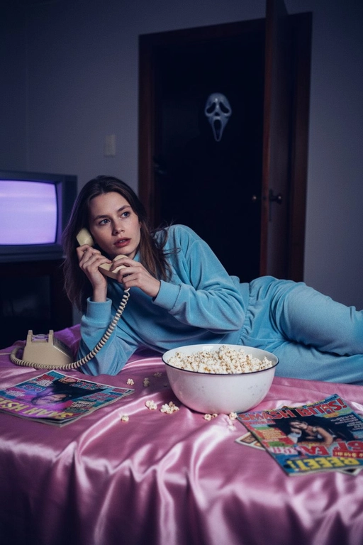 Сделай фото не искажая лица - оно должно оставаться такими же, как на приерепленной фотографии, эстетика Y2K, сцена из фильма "Крик" 90-х. Персона лежит на кровати, застеленной атласными простынями розового цвета. Персона прижимает к уху старинный стационарный телефон кремового цвета со смотанным шнуром. Рядом с ней стоит миска, наполненная попкорном, и несколько разбросанных подростковых журналов 90-х годов. На заднем плане, в темном дверном проеме коридора, в тени скрывается зловещая фигура Ghostface, его маска частично скрыта, он наблюдает за ней.