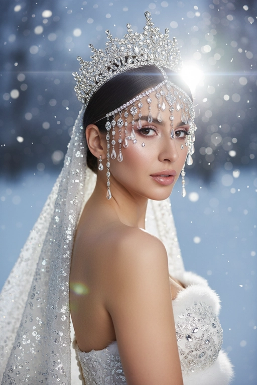 Черты лица и особенности внешности девушки должны быть точно воспроизведены с референсной фотографии. Создайте реалистичный портрет крупным планом (поза через плечо) в сверхвысоком студийном фото. Портрет женщины с аккуратными волосами и укладкой.  

**Наряд/Реквизит:** Сложнейший, тяжелый серебряный головной убор/корона со стразами, с крупными свисающими кристаллическими каплями, покрывающими лоб и виски, и подходящая, густо расшитая пайетками или стразами белая свадебная фата, закрепленная на ниже затылка. На ней белое платье без бретелек из такой же ткани, густо расшитое пайетками или стразами. По краю платья есть белая меховая окантовка. Открытые плечи, что предполагает платье без бретелек.

**Макияж:** Сияющая, чистая и увлажненная кожа. Нежные розовые тени для век, выразительные ресницы, лёгкий белый блик во внутренних уголках глаз и под ними, а также глянцевые, нежно-розовые губы. Два маленьких, светоотражающих каплевидных страза или блестящих элемента под внешним уголком каждого глаза.

Поза:** Взгляд через правое плечо в камеру мягким, но при этом пристальным и соблазнительным взглядом. Её обнажённые плечи и профиль замысловатого головного убора выделяются.

**Освещение:** Резкий, драматичный, контрастный свет сбоку/сзади (контурный свет), создающий яркий, интенсивный блик (блик объектива/эффект мерцания), который подчёркивает блеск и сверкание стразов и пайеток на слегка затенённом лице. 

**Фон:**
Зимний размытый фон со снежинками. **Камера:**
Снято на высококлассную среднеформатную камеру
(например, Hasselblad X2D 100C или Fujifilm GFX
100S) с макрообъективом 120 мм f/4, что обеспечивает исключительную четкость каждого страз, пайеток и текстуры кожи, широкий динамический диапазон и блестящий, модный редакционный результат. 

**Эффект:**
Подчеркивает исключительную роскошь, неземную красоту, резкий контраст и сверхдетализированный блеск.