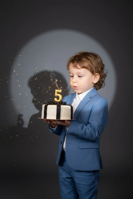 Фотореалистичный портрет женщины с точно таким же лицом, чертами, выражением и цветом волос, как на исходной фотографии - ничего не изменять. Атмосфера - день рождения: мягкий блеск свечи отражается на её лице, в воздухе лёгкие золотистые блёстки, создающие праздничное сияние. Фон темно-серый. Освещение студийное, контрастное, с кругом света на фоне, создающим выразительную тень. Волосы - волнистые, мягко подсвечены. Она немного стоит полубоком. Женщина держит в руках маленький праздничный торт, украшенным чёрными лентами и изящной цифрой из золотых свечей; Она сдувает свечу. Мальчик 5 лет,в голубом классическом костюме,торт со свечкой цифра 5.
