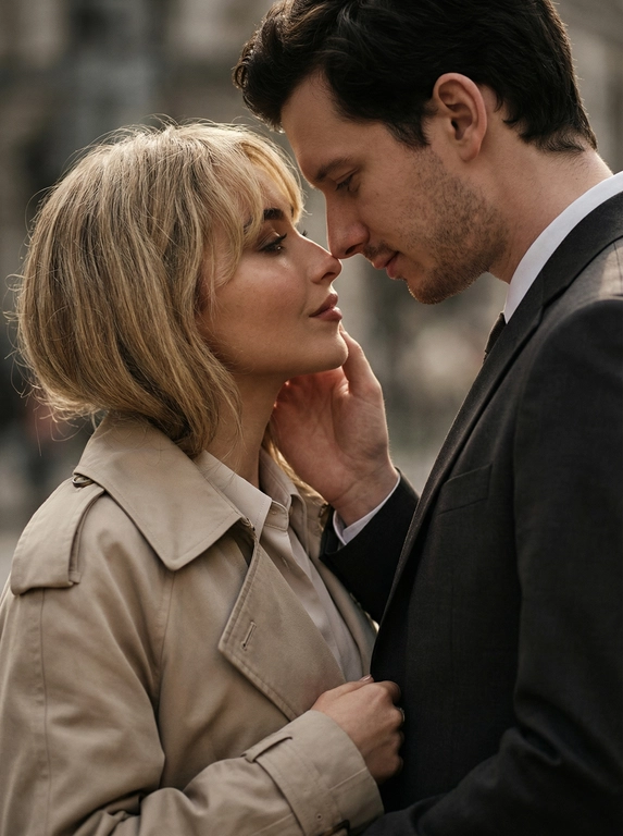   Фотография в стиле модной рекламной кампании. В кадре крупным планом изображены двое – мужчина и женщина, стоящие очень близко друг к другу, практически соприкасаясь лицами. Женщина одета в светлое пальто с широкими лацканами, частично виднеется светлая рубашка. Мужчина одет в темный костюм. Его рука касается лица женщины. Атмосфера на фотографии интимная и нежная. Цветовая гамма приглушенная, с преобладанием бежевых, коричневых и серых оттенков. Задний фон размыт и не имеет четких деталей. Общее ощущение от снимка – элегантность и утонченность. Фотография ультра высокого качества 16К.