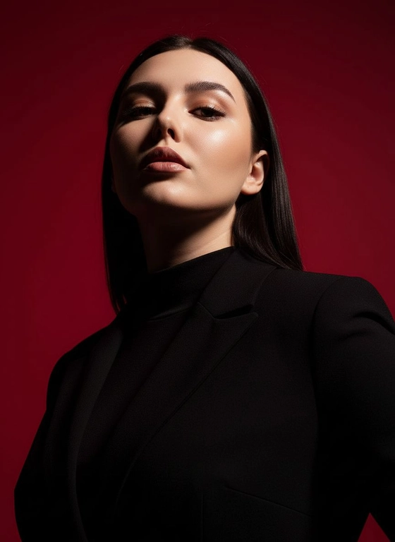 Создай портрет, используя те же черты лица (на основе загруженного фото), характеризующийся резким кинематографическим освещением и интенсивным контрастом. Снятый с немного нижнего ракурса, направленного вверх, что подчеркивает линию подбородка и шеи модели, этот портрет производит впечатление доминантности и скульптурной элегантности. Фон — глубокий, насыщенный малиново-красный, создающий яркий визуальный контраст со сияющей кожей модели и темной одеждой.