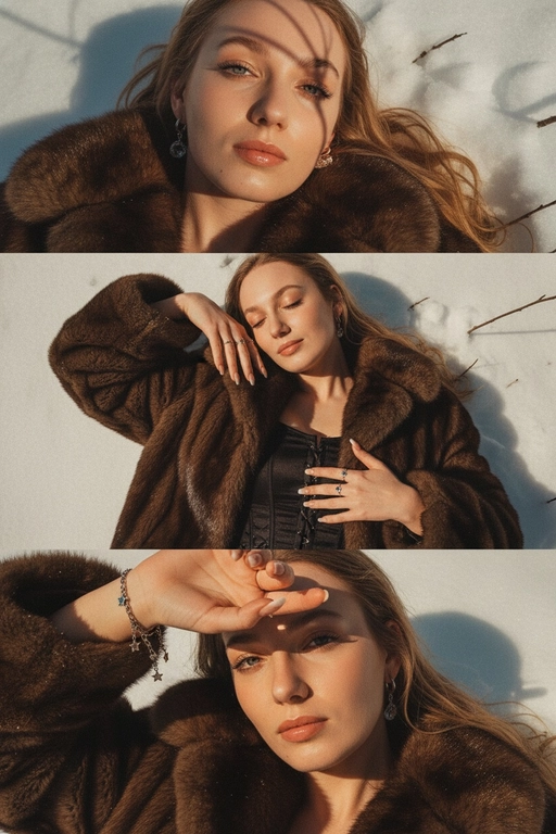 Создай не меняя черты лица.Макияж: яркий в стиле Y2K - длинные натуральные ресницы,приподнятые брови,  контур и румяна, свечение хайлайтера, глянцевые нюдовые губы. Ногти: средней длинны в стиле baby boomer.
﻿﻿Ювелирные изделия: подходящие серьги + несколько колец + браслет с подвесками. Композиция в три части в стиле Y2K: Верхний кадр:
﻿﻿крупный план её глаз и верхней части лица, она лежит на снегу,солнечный свет создаёт резкие тени от деревьев/ ветвей. Средний кадр - она лежит на снегу, в шубе, под ней корсет, глаза закрыты, лёгкая улыбка. Нижний кадр - крупный план, она смотрит прямо в камеру, одна рука закрывает солнце, тени полосами на её лице. Она лежит на снегу.Общая эстетика Y2K: тёплые тона, золотистый оттенок, мягкая зернистость, повышенный контраст, лёгкий виньетирование, ностальгическое, мечтательное настроение. Цвет шубы - темно-коричневый, под мех норки, цвет корсета - черный, кружевной.