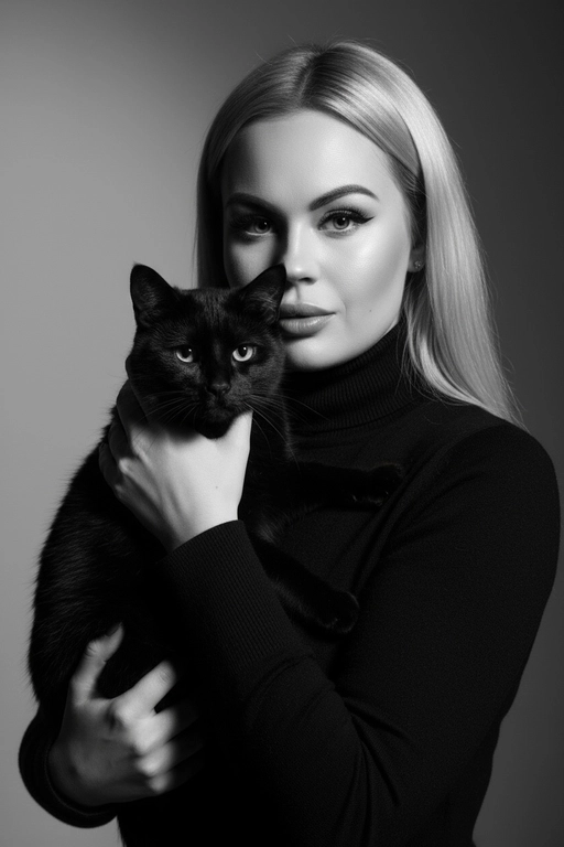 Высококонтрастный черно-белый портрет женщины в черной водолазке, держащей чёрную кошку у лица. Композиция напряжённая и интимная: оба персонажа смотрят прямо в камеру с одинаковой интенсивностью. Яркое и направленное освещение создаёт глубокие тени и подчёркивает контраст между их бледной кожей и тёмной шерстью кошки. Выражение её лица спокойное и уверенное, глаза подведены чётко, а гладкие прямые волосы естественно ниспадают на одно плечо. Фон - градиент от серого к темно-серому. Общее настроение таинственное, элегантное и кинематографичное, напоминающее портрет из модного журнала с готическим подтекстом.