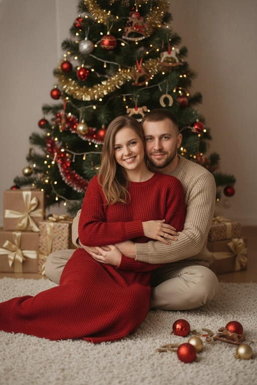 Используй предоставленные изображения и создай фото из домашней новогодней фотосессии. Не меняйте черты лица. . В кадре мужчина и женщина, они сидят на полу в обнимку, улыбаются и смотрят в камеру. Мужчина обнимает женщину сзади за талию. На женщине надето вязаное длинное платье с длинными рукавами. На мужчине вязаный свитера и штаны. На заднем плане стоит наряженная елка с игрушечными шарами, игрушечными лошадками, игрушечными подковами. Под елкой разложены подарочные коробки, перевязанные золотыми лентами. Рядом с парой лежат несколько елочных игрушек как на елке. Фотография выполнена в теплой цветовой гамме. Атмосфера уютная и праздничная. цвет платья девушки- красный, цвет свитера и штанов мужчины - бежевый.