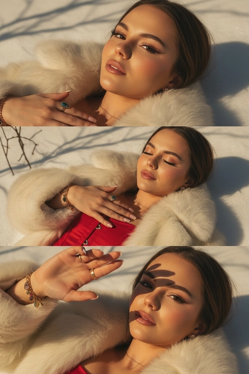 Создай не меняя черты лица.Макияж: яркий в стиле Y2K - длинные натуральные ресницы,приподнятые брови,  контур и румяна, свечение хайлайтера, глянцевые нюдовые губы. Ногти: средней длинны в стиле baby boomer.
﻿﻿Ювелирные изделия: подходящие серьги + несколько колец + браслет с подвесками. Композиция в три части в стиле Y2K: Верхний кадр:
﻿﻿крупный план её глаз и верхней части лица, она лежит на снегу,солнечный свет создаёт резкие тени от деревьев/ ветвей. Средний кадр - она лежит на снегу, в шубе, под ней корсет, глаза закрыты, лёгкая улыбка. Нижний кадр - крупный план, она смотрит прямо в камеру, одна рука закрывает солнце, тени полосами на её лице. Она лежит на снегу.Общая эстетика Y2K: тёплые тона, золотистый оттенок, мягкая зернистость, повышенный контраст, лёгкий виньетирование, ностальгическое, мечтательное настроение. Цвет шубы - белый , цвет корсета - красный.