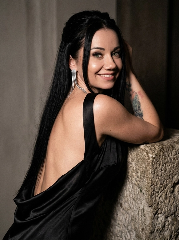 Создай изображение женщины с фотографии, не изменяя лицо, черты, внешность, возраст и индивидуальность. Она в элегантном черном вечернем платье с открытой спиной, ткань подчеркивает тонкую кожу с естественным свечением, складки и блеск шелка придают глубину. Опирается на необработанную каменную стойку с шероховатой фактурой, контрастирующей с платьем и кожей. Приглушенный свет лаунжа создает мягкие тени, подчеркивая изгибы спины и переходы света на платье и камне. Длинная сверкающая диамантовая серьга спускается по спине, ловя свет и создавая мерцание. фото в высоком разрешении с зернистой пленочной текстурой и высоким контрастом, в стиле классического нуара и модной редакционной фотографии, с холодным глубоким визуальным стилем свет усиливают глубину и светотеневой рисунок. Строго сохранить лицо, идентичность и естественную внешность человека с оригинала. Фото в цвете.

Какая будет прическа?: Не менять мою прическу