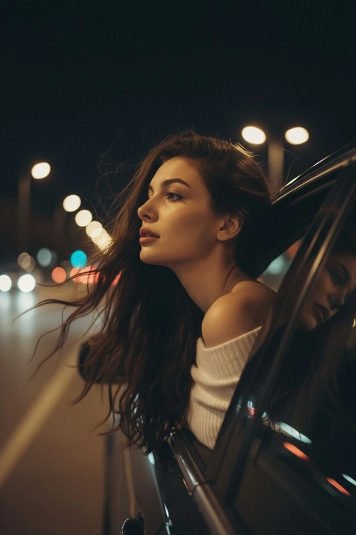 Создайте фото, где я высунула голову из окна машины в тёмную, мечтательную, размытую, винтажную ветреную ночь, в белом трикотажном топе с открытыми плечами. ракурс боковой. Голова чутка откинута назад. Машина в движении.  Выражение лица мечтательное, губы немного приоткрыты. Волосы развеваются в движении. Сохраните детали лица в точности. Пожалуйста, не изменяйте черты лица и оставь таким, какое оно есть.