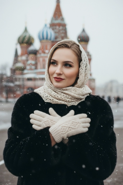 Не изменяйте черты лица. На фотографии портрет груди девушки. На ней чёрная шуба, плечи, голова и грудь обернуты светлым кружевным мохеровым шарфом. На ней также варежки из того же материала. Одна её рука касается другой, а ладони скрещены и мягко лежат на груди. Лицо девушки обращено к камере, взгляд направлен влево. На ней лёгкая задумчивая улыбка, ресницы густо накрашены. Фон — зимний, со снегом и собором Василия Блаженного в Москве. Фон сильно размыт. Идет снег. Легкий эффект холодной зернистости.