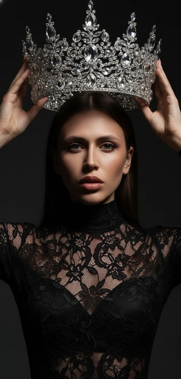 Модный портрет женщины крупным планом, стоящей прямо перед камерой, со слегка приподнятым подбородком. Она держит двумя руками почти над головой искусно выполненную корону с богатым филигранным орнаментом и крупными сверкающими драгоценными камнями. Корона находится в резком фокусе, отбрасывая тень на лицо. Освещение падает сверху, подчёркивая корону и создавая драматичный, контрастный эффект. Тёмная тень на лице усиливает ощущение таинственности и элегантности. Её платье – из тонкого чёрного кружева с высоким воротом. Фон темный, усиливая драматизм. Корона полностью хрустальная.