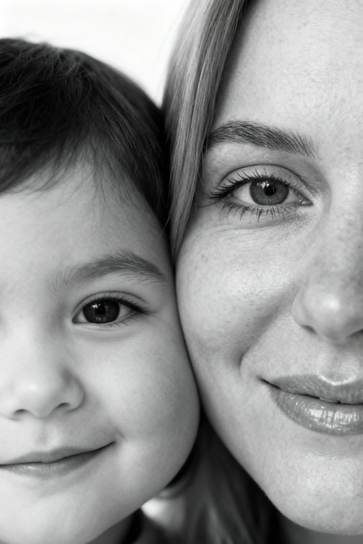 Сверхреалистичная черно-белая художественная фотография 8K женщины и ребенка, снятая очень крупным планом, щека к щеке так что видны только правая половина лица женщины и левая половина лица ребенка. которые смотрят в камеру. Их лица расположены рядом, почти соприкасаясь, образуя идеально сбалансированную симметричную композицию. Каждая деталь передана с фотографической точностью: тонкая текстура кожи и плавные градиенты света и тени. Видимая половина женщины включает ее бровь, один глаз , часть ее носа, щеку и губы, слегка приоткрытые в нежной, естественной улыбке, Видимая половина ребенка включает один глаз , круглую мягкую щеку, часть носа и небольшую улыбку, Фон белый и слегка размытый, что подчеркивает эмоциональную близость между ними. Освещение мягкое и рассеянное, создает деликатный контраст и тональную глубину. На снимке запечатлены нежность, близость и связь между матерью и ребенком, запечатленные с потрясающей реалистичностью. Не меняй черты лиц. 