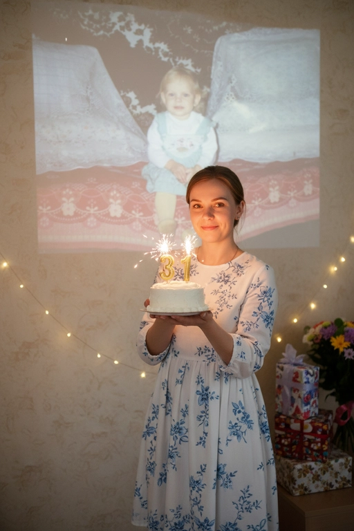 Создай ультрареалистичное фото, сделанное на камеру телефона в комнате, где изображен человек, который держит бенто торт с горящими золотыми свечами. В качестве фона на однотонную стену проецируется фотография из детства. Спроецированное фото занимает большую часть фона. Сочетание образов взрослого человека и ребёнка на фоне создаёт тёплую, ностальгическую атмосферу, подчеркивая связь между прошлым и настоящим. На стене висят гирлянды, рядом со стеной виднеются подарки и букет цветов. Снимок выглядит очень стильным и продуманным, присутствует ощущение праздника и воспоминаний. Не меняй внешность, полностью сохрани черты лица. Свечи на торте в форме числа 31. Женщина одета в белое с голубым платье.