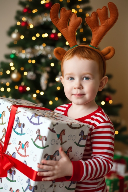 Используйте отправленную мной фотографию в качестве референса. Камера снимается немного выше уровня глаз, глядя прямо на модель, охватывая от середины груди и выше.  На изображении человек держит подарочную коробку  (размер 50х500х50 сантиметров) с крышкой, перевязанную красной лентой. На коробке нарисованные игрушечные лошадки. На фоне размытая рождественская или новогодняя елка. Лицо в три четверти (3/4), Модель в красной пижамной рубашке в клетку. Смотрит в камеру с легкой улыбкой, как будто предвкушая открыть свой подарок. 

Освещение выполнено по принципу софтбокса, но с более сильным, концентрированным основным светом для создания интенсивного свечения, сохраняя при этом мягкие тени, которые подчёркивают черты лица человека. 
Гиперреалистичная детализация, передающая каждый нюанс красоты, выражения лица и сложную текстуру волос, кожи и одежды. Атмосфера новогоднего праздника.  На голове у ребенка рождественский ободок с коричневыми оленьими рогами. Красный полосатый костюм. На фоне елка, гирлянда. Не изменяй возраст ребёнка. Не изменяй цвет и структуру волос. Не изменяй черты лица и все мелочи на лице