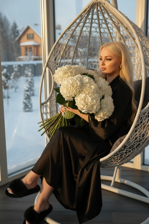 Гиперреалистичная фотография женщины, зима, сидящей полубоком на закрытой веранде с видом на дом в кресле коконе белом и держащей в руках очень большой, пышный букет, состоящий из множества белых цветов — круглых, густых, многоцветковых, с пышными соцветиями и зелеными листьями. Букет объемный, он явно состоит из десятков отдельных гортензий, а не из единого бутона. в ушах маленькие красивые серьги. ногти молочного цвета. Волосы с аккуратной легкой укладкой. 
На ней халат шелковый как кимоно в пол на ногах пушистые тапки.
Ее макияж выполнен в стиле мягкого глэма: сияющая кожа. Она позирует в полупрофиль.
Золотистый естественный свет проникает сбоку, отбрасывая резкие, но мягкие тени на складки ткани . Цвет халата - черный, цвет тапок - черный 