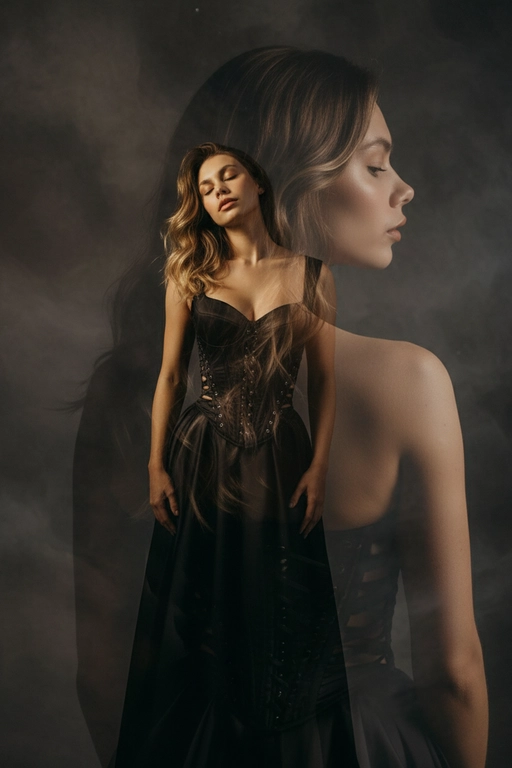 Реалистичный портрет красивой женщины, вдохновлённый референсной фотографией, волосы с легкой укладкой, элегантное чёрное платье с корсетными деталями, мягкое кинематографическое освещение, чувственная поза с закрытыми глазами, дымчатый фон, композиция с двойной экспозицией (крупный план лица сзади, портрет в полный рост спереди), высококачественная студийная фотография, богатый контраст, тонкая текстура кожи, реалистичные тени и блики, художественная глубина резкости, фотореалистичный стиль