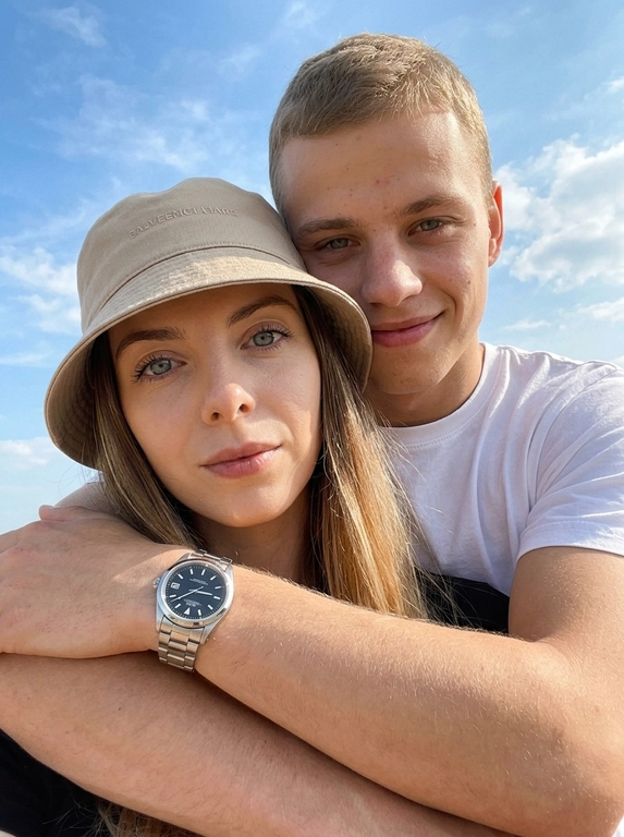 Кинематографичный кадр крупным планом (selfie style), пара в объятиях (классическое "обнимашки сзади") на фоне ярко-голубого неба с облаками.  Женщина на ней бежевая панама с брендовой надписью. Её кожа выглядит сияющей, подсвеченной мягким естественным солнечным светом. Выражение лица спокойное, глубокий взгляд, направленный прямо в камеру. Мужчина стоит строго позади девушки и обнимает её сзади, одна его рука обнимает её за плечи/шею спереди — предплечье лежит поперёк её ключиц, кисть свободно свисает с её плеча, на запястье классические серебряные часы с черным циферблатом. Мужчина в белой футболке, выражение лица доброжелательное, его взгляд прямо в объектив. Ракурс сверху, камера сфокусирована на лице девушки. Высокий контраст, насыщенные цвета, мягкая прорисовка деталей кожи. Эффект пленочной фотографии, легкое зерно, атмосфера летнего дня, эстетика социальных сетей. Телефона не видно в кадре.