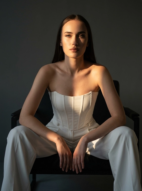 Фотореалистичная fashion-фотография женщины, внешность и черты лица максимально точно сохранить по загруженному референсу, возраст не менять. Женщина сидит в расслабленной уверенной позе на современном чёрном кресле, ноги широко расставлены, корпус слегка наклонён вперёд, предплечья лежат ближе к коленям, кисти рук свободно соединены перед собой. Минималистичная тёмно-серая студия, вокруг почти нет декора.

Главный художественный акцент — узкая полоса тёплого закатного солнечного света, проходящая диагонально через лицо, плечо и верхнюю часть груди. Одна часть лица ярко подсвечена золотистым солнцем, другая остаётся в глубокой мягкой тени. Очень выразительный светотеневой рисунок, cinematic chiaroscuro, драматичный контраст, глубокие тени, тёплые блики на коже. Спокойный уверенный взгляд прямо в камеру, слегка серьёзное выражение лица. Реалистичная кожа с естественной текстурой и порами, без пластиковой ретуши. Editorial fashion photography, luxury minimalism, cinematic mood, 50mm lens, f/2.0, ISO 100, высокая детализация, натуральные пропорции тела.

Какая будет одежда?: На женщине белый облегающий корсетный топ без бретелей с чёткими вертикальными швами и свободные белые брюки с высокой посадкой. Образ выглядит чисто, минималистично и дорого, с акцентом на графичный силуэт и контраст света и тени.