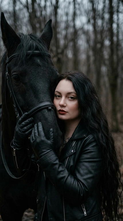 Create an atmospheric, dreamlike portrait in a 2000s style. A beautiful young woman with very long hair styled in soft waves—wearing a black leather biker jacket and black leather gloves—stands beside a black horse, pressing her head against its neck while holding the bridle with one hand. She looks confidently straight into the camera with a seductive gaze. The horse is wearing a black bridle. The background features a forest of bare trees and a dark, overcast sky, creating a somewhat moody and melancholic atmosphere. The woman and horse are the focal point; a shallow depth of field blurs the background. The lighting is soft and diffused, typical of an overcast day. Her makeup is striking: long, natural black lashes, shimmering beige eyeshadow, eyeliner, defined contouring and blush, flawless skin, and full, plump lips painted with dark red matte lipstick and dark brown lip liner. She has a polished look with an arched-brow effect. (Keep facial features unchanged.)
Aspect ratio: 9:16.