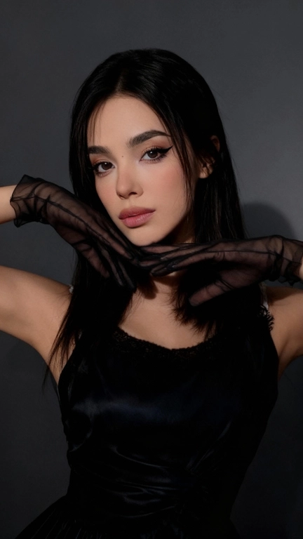 На моей фотографии крупным планом изображена гламурная женщина на темно-сером фоне, в прозрачных чёрных перчатках и чёрном платье. Она позирует, обрамляя лицо руками, отбрасывая на глаза эффектные тени. Яркий макияж глаз с аккуратной подводкой, гладкая и безупречная кожа, кинематографическое освещение, стиль высокой моды, атмосфера таинственности и соблазнительности. 