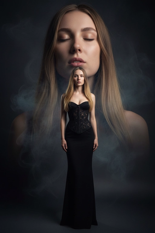 Реалистичный портрет красивой женщины, вдохновлённый референсной фотографией, волосы с легкой укладкой, элегантное чёрное платье с корсетными деталями, мягкое кинематографическое освещение, чувственная поза с закрытыми глазами, дымчатый фон, композиция с двойной экспозицией (крупный план лица сзади, портрет в полный рост спереди), высококачественная студийная фотография, богатый контраст, тонкая текстура кожи, реалистичные тени и блики, художественная глубина резкости, фотореалистичный стиль