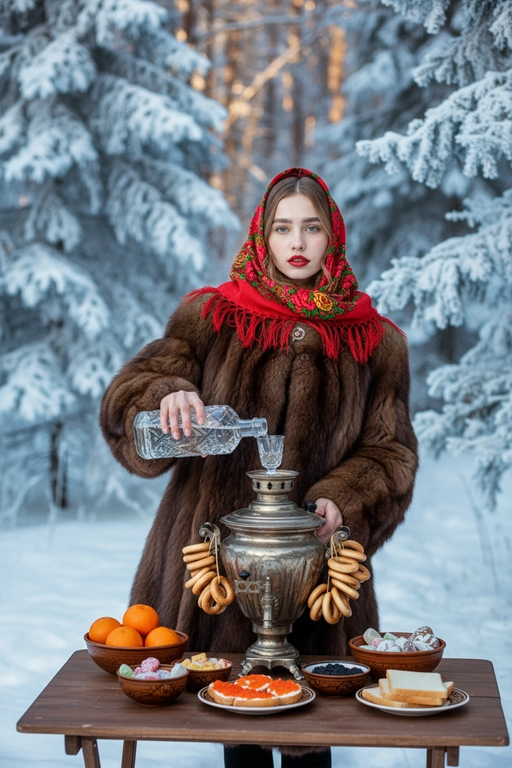  Создай насыщенный, атмосферный, зимний портрет на улице. Я нахожусь в заснеженном лесу, окруженном елями, и стою за столом, накрытым для традиционного чаепития. На мне надета большая, пушистая, роскошная, дорогая, шуба из натурального баргузинского соболя, яркий русский платок (павлопосадский платок) красного цвета, повязанный на голову, с акцентом на красной помаде. Правой рукой наливаю прозрачную жидкость из большой хрустальной бутылки в маленький стеклянный бокал. Я смотрю в камеру .На столе стоит старинный серебряный самовар, украшенный связками золотистых баранок, а также миски с мандаринами, русскими сладостями, бутерброды с красной икрой, черная икра в маленькой миске, нарезанный батон.
Зимний лес, всё покрыто инеем и мягким снегом. Качество: реалистичная фотография, кинематографический свет, мягкое боке, теплый тон, детальная проработка меха и узоров на платке.