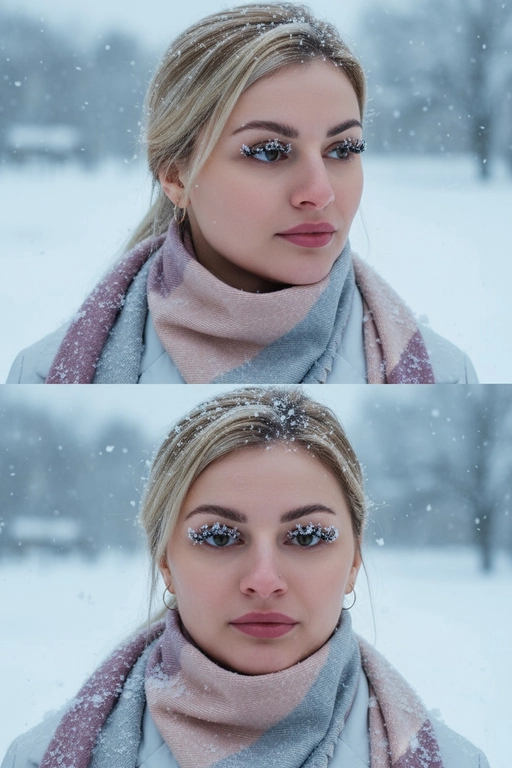 Создай коллаж из двух кадров человека, снятых крупным планом на улице зимой. Камера расположена близко, чтобы в кадре были видны лицо, шея и часть одежды. Главный акцент — на лице, глазах и снежинках, которые легли на волосы и ресницы.

Освещение мягкое, естественное, как в пасмурный зимний день. Вокруг падает лёгкий снег, отдельные снежинки чётко видны в воздухе и на коже. Фон — мягко размытый, с холодными оттенками (бело-голубой, серо-синий).

Первый кадр — человек смотрит в сторону, выражение мягкое, задумчивое, естественное. Крупный план лица, видно часть красного шарфа.
Второй кадр — прямой взгляд в камеру, нейтральное или лёгкое выражение лица, ресницы в снегу. Крупный план лица, видно часть красного шарфа.

Кожа чистая и естественная, без ретуши, текстура лица и губ сохранена. Фото выглядят как профессиональная зимняя портретная съёмка крупным планом, с эффектом свежести и спокойствия.

Оба кадра объединены в вертикальный коллаж в едином тоне и свете. Атмосфера — реалистичная, теплая и немного кинематографичная.
