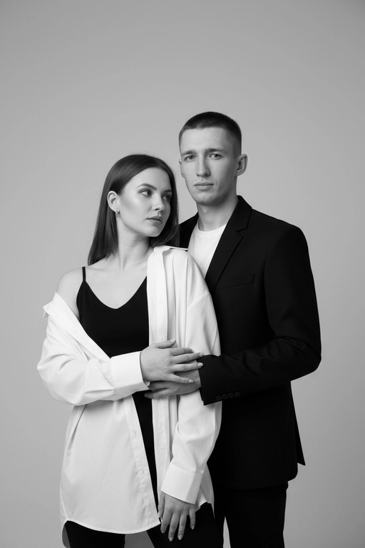 Черно-белый портрет мужчины и женщины в стиле фэшн фотосессии в фотостудии. Не изменяйте лица. Фон нейтральный, однотонный, светло-серый. Атмосфера интимная и спокойная. На переднем плане женщина. Вся композиция выполнена в приглушенной монохромной гамме со студийным освещением, которое подчеркивает текстуру кожи и одежды. Её руки лежат на груди мужчины. Мужчина обнимает женщину сзади, положив свою руку поверх её руки. Она одета в черный топ, белую оверсайз рубашку. Мужчина одет в  классическом черном пиджаке и белой футболке.
