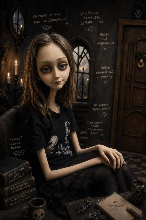 use this fhoto. 

Выберите стиль: turn the person from the uploaded photo into an eerie but beautiful gothic stop-motion fairy-tale fashion character. Use the uploaded photo as the strict reference for pose, composition, body direction, outfit logic, facial mood, hand placement and main furniture. Do not reinvent the pose. Do not change the chair, doorway, sofa or any key object from the reference.  Preserve the original body language and silhouette, but stylize the person into a clean, elegant stop-motion character: elongated thin neck, angular but beautiful face, hollow cheeks, large tired eyes with heavy lids, small serious mouth, slightly asymmetrical sculpted face, graceful strange proportions, expressive hands, refined gothic beauty.  The character should look like a smooth physical stop-motion figure photographed in a miniature set: clean matte sculpted face, polished clay/plasticine-like forms, painted facial details, stylized sculpted hair strands, neat fabric clothing, real shadows, contact shadows, visible depth, practical studio lighting, soft cinematic shadows. No flat illustration, no rough craft texture.  Transform the scene into a dark elegant gothic stop-motion fairy-tale world: crooked old window, antique furniture, candlelight, theatrical shadows, old wood, gothic doorway or miniature room, melancholic dark humor, clean eerie beauty. The frame should feel like a beautifully crafted gothic stop-motion animation still, not a fashion photo.  Keep the outfit stylish, clean and intentional. Preserve the outfit logic from the reference, but make it gothic, theatrical and fashion-aware. If legs are visible, make them long, thin, elegant and slightly unreal, but anatomically clean, dimensional and believable.  Add 5–7 clearly readable handwritten Russian notes around the character, medium-sized, chalk-like, physically written on the wall or nearby surfaces. Short witty phrases, 2–6 words each. Ironic, slightly absurd, character-specific, not generic poetic quotes. Minimal arrows and tiny doodles.  IMPORTANT STYLE: smooth gothic stop-motion animation, clean matte puppet surface, elegant angular face, dark fairy-tale miniature set, refined fashion character, melancholic comedy, strange beauty, theatrical but clean.  NEGATIVE: photorealistic human, live-action fashion editorial, realistic pretty woman, soft romantic portrait, cute doll, porcelain doll, baby doll, anime doll, Disney-like, Pixar-like, glossy AI beauty, digital painting, watercolor, flat sketch, wool doll, felt doll, fuzzy texture, sand-like texture, rough fabric skin, gritty dirty skin, broken puppet, horror doll, skeletal body, exposed joints, twisted limbs, wooden stick legs, plastic commercial 3D, messy dirty clothes, unreadable tiny handwriting, too many arrows, large text blocks.